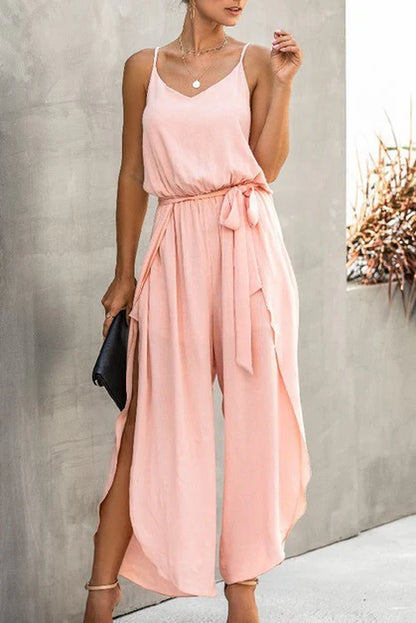 V Neck Suspenders Wide Leg Side Slit Jumpsuit