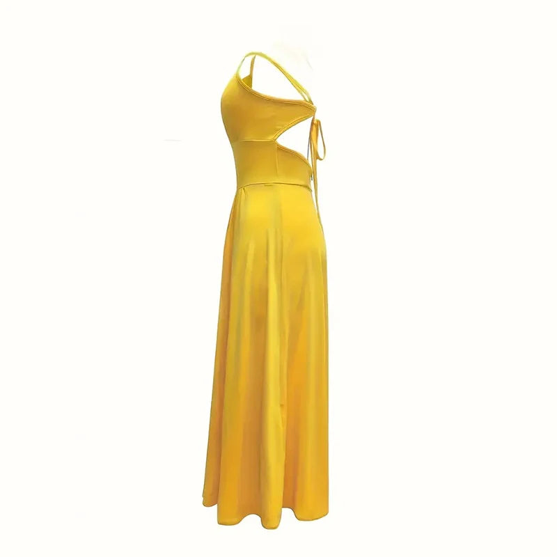 Women Sexy Deep V Neck Spaghetti Strap Halter High Slit Maxi Dress