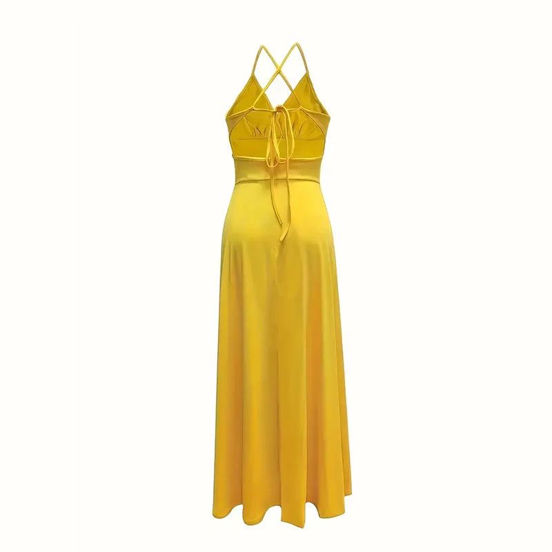 Women Sexy Deep V Neck Spaghetti Strap Halter High Slit Maxi Dress