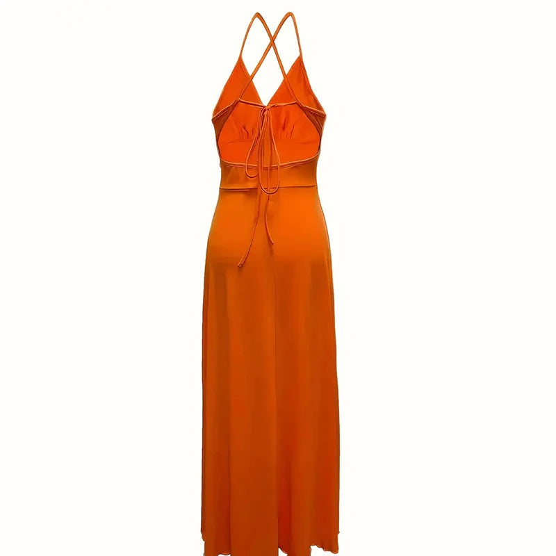 Women Sexy Deep V Neck Spaghetti Strap Halter High Slit Maxi Dress